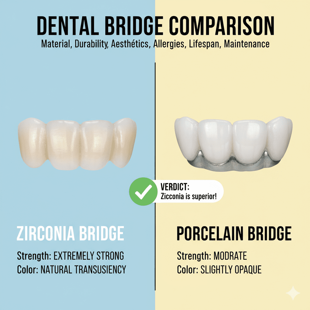 Illustration of an all-on-4 zirconia bridge supported by four dental implants in the jaw