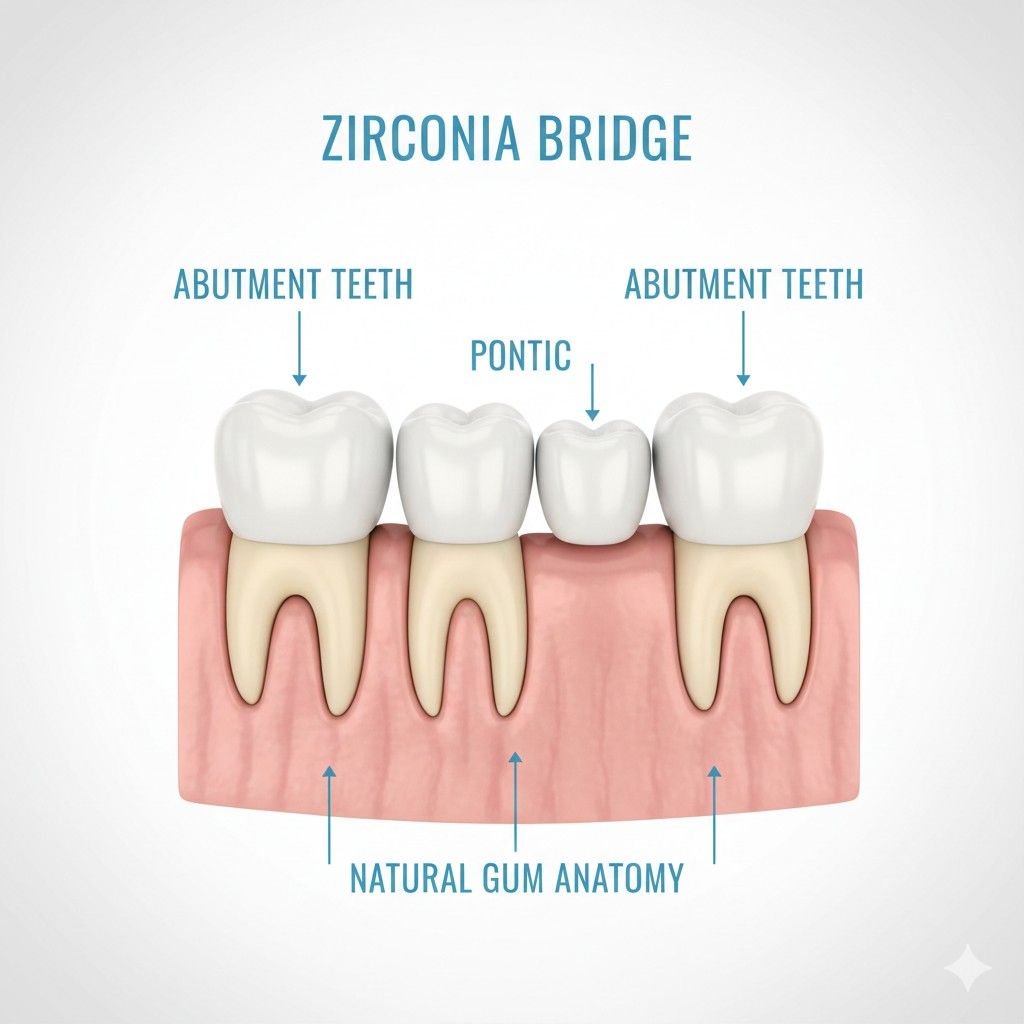 Close-up of a finished zirconia bridge blending seamlessly with surrounding teeth