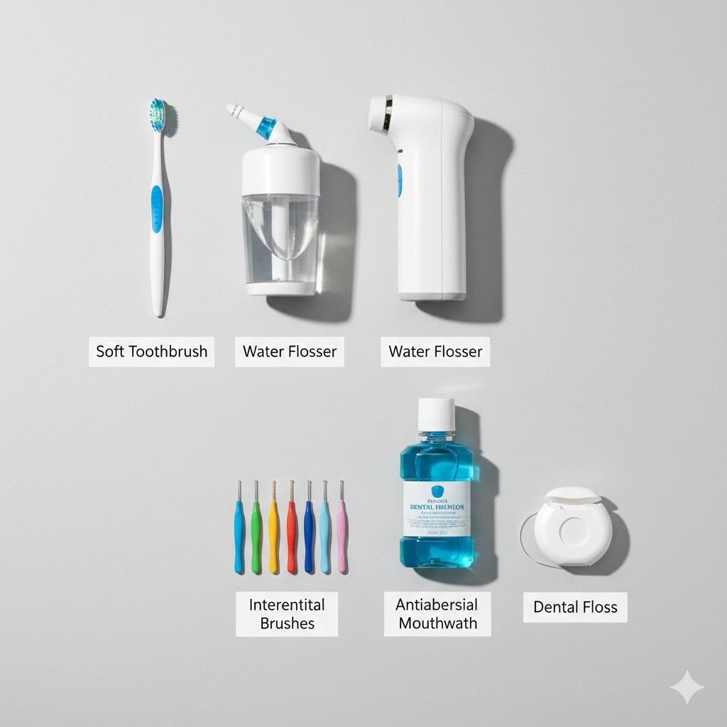 Essential dental implant maintenance tools including water flosser, soft brush, and interdental cleaners.