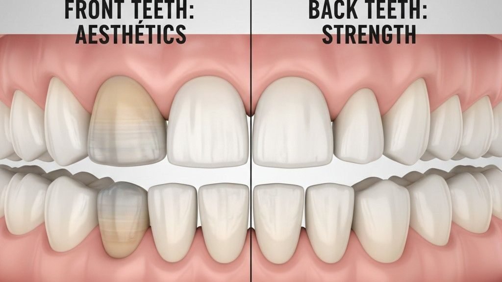 Comparison of zirconia bridge used on front teeth and back teeth showing aesthetics and strength
