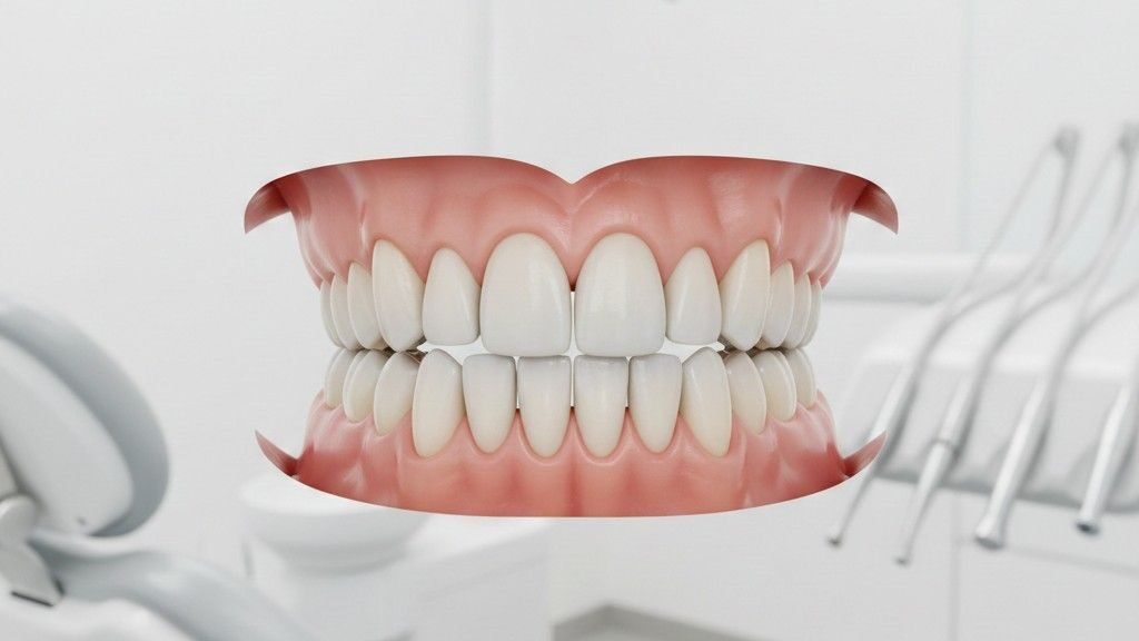Ultra-realistic zirconia dental bridge replacing missing teeth in a modern USA dental clinic.