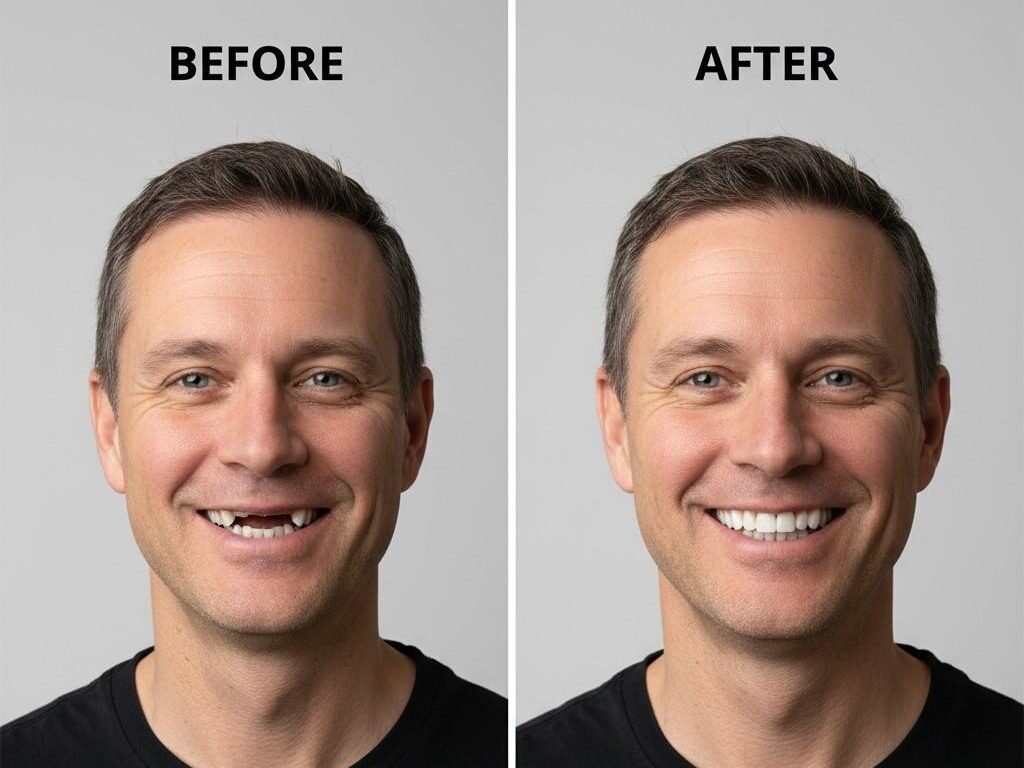 Before and after results of zirconia dental bridge replacing missing teeth