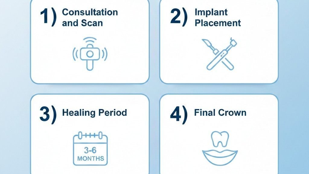 "Four-step infographic of safe dental implant procedure process"