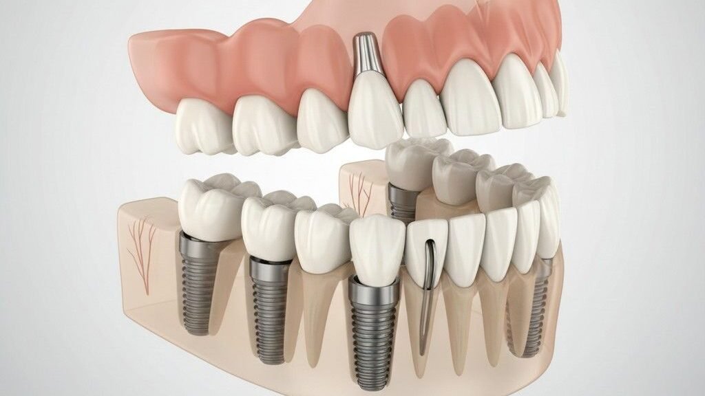 Implant-supported zirconia dental bridge with All-on-4 implants in the jawbone