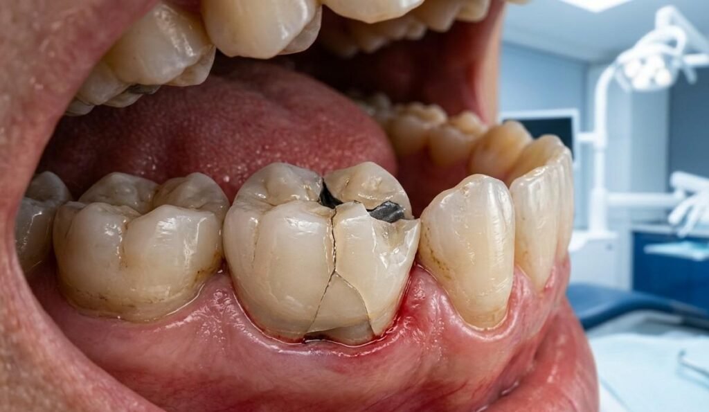 chipped tooth crown with visible crack and damaged porcelain dental crown close-up