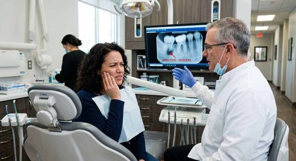 Dental illustration showing severe tooth infection, dental abscess, and gum inflammation explaining how long until a tooth infection kills you and how infection spreads in the jaw.