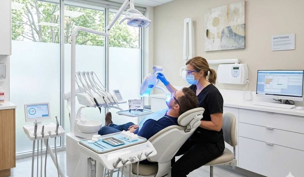 Dentist applying a teeth whitening gel during an in-office whitening procedure.”