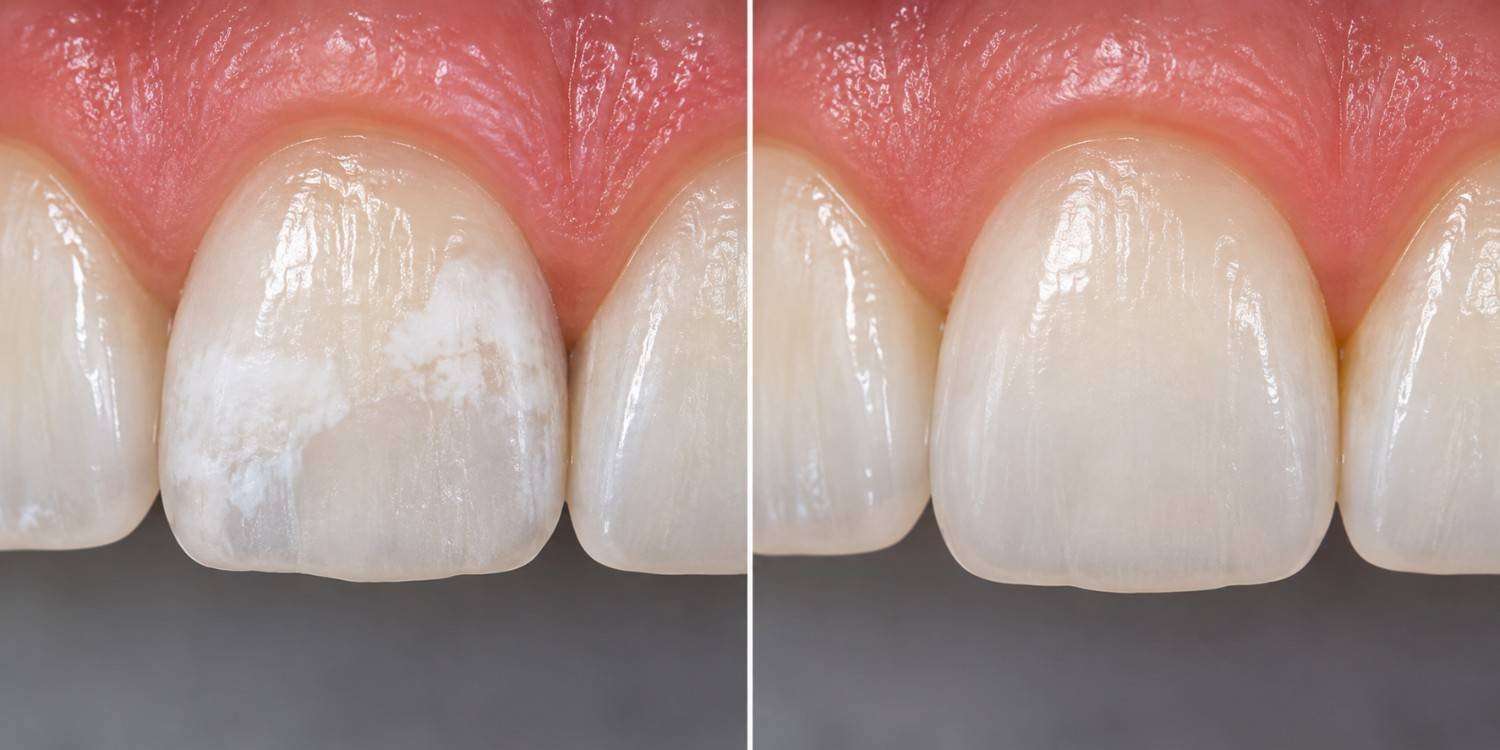 Before and after dental treatment for chalky white spots on teeth