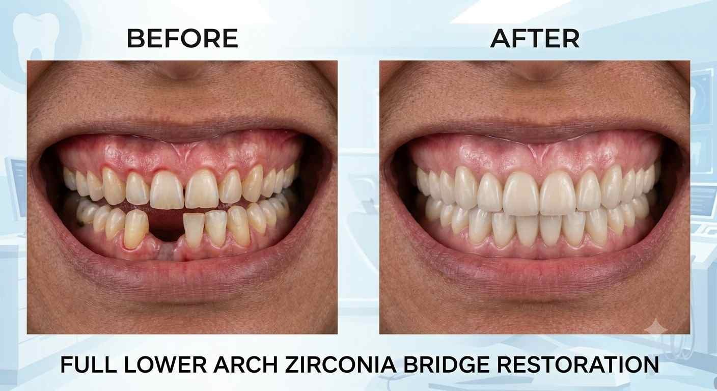 Before and after photo of a patient's smile after zirconia bridge treatment