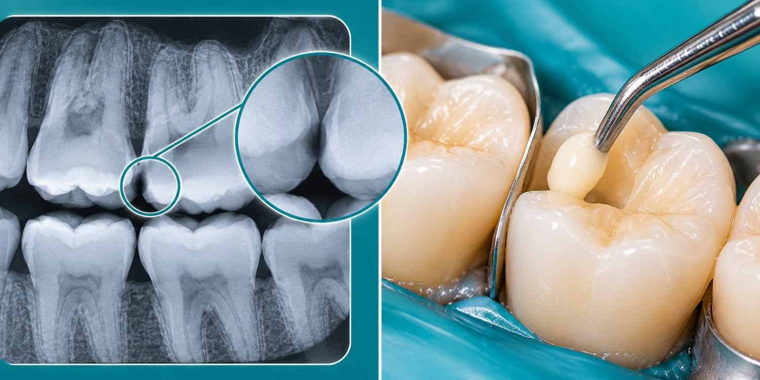 Bitewing X-ray showing a cavity between teeth next to a composite dental filling