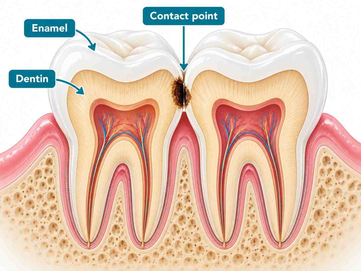 Diagram of a cavity forming between two adjacent teeth at the contact point