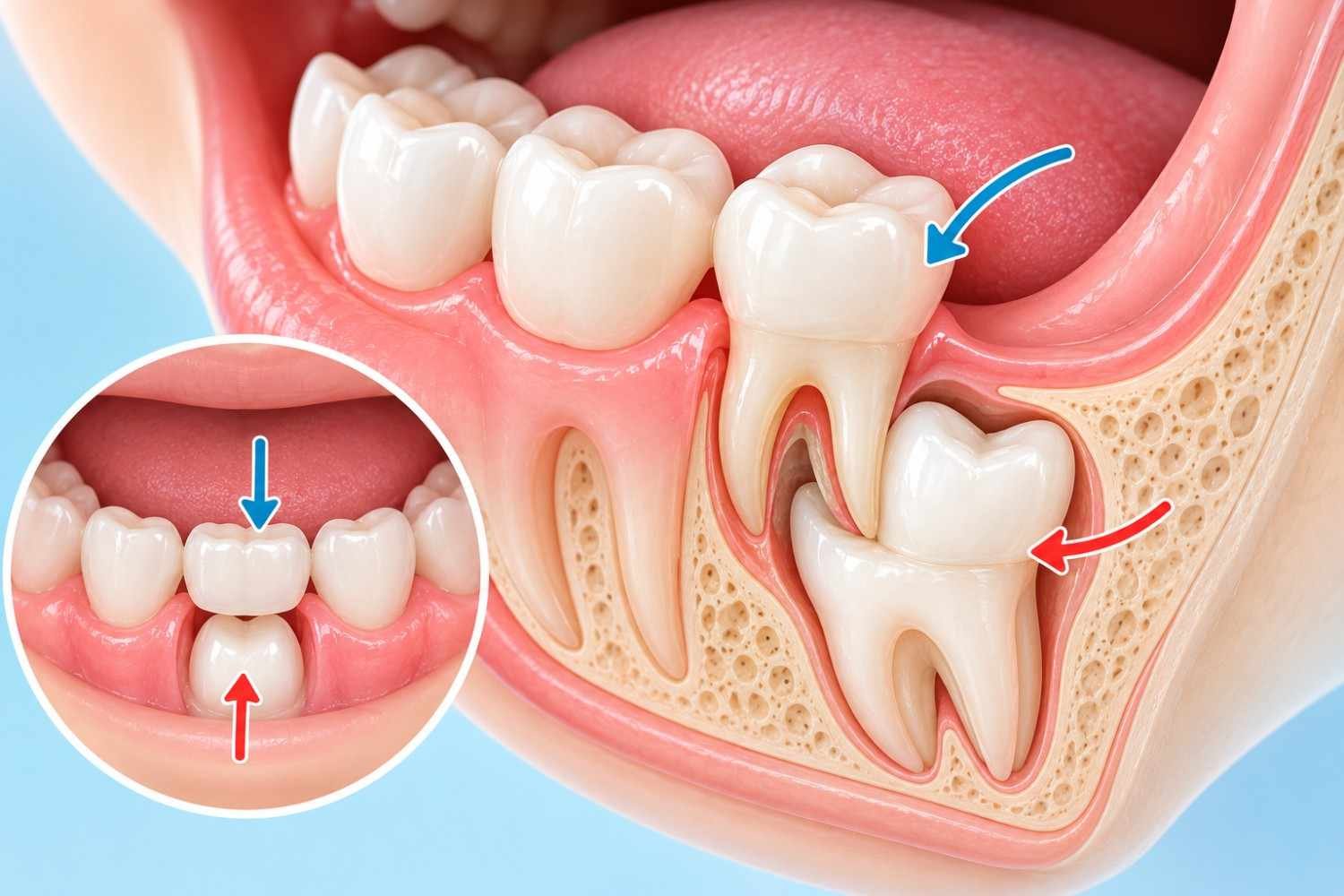 Diagram of child tooth and permanent tooth eruption causing shark teeth human condition