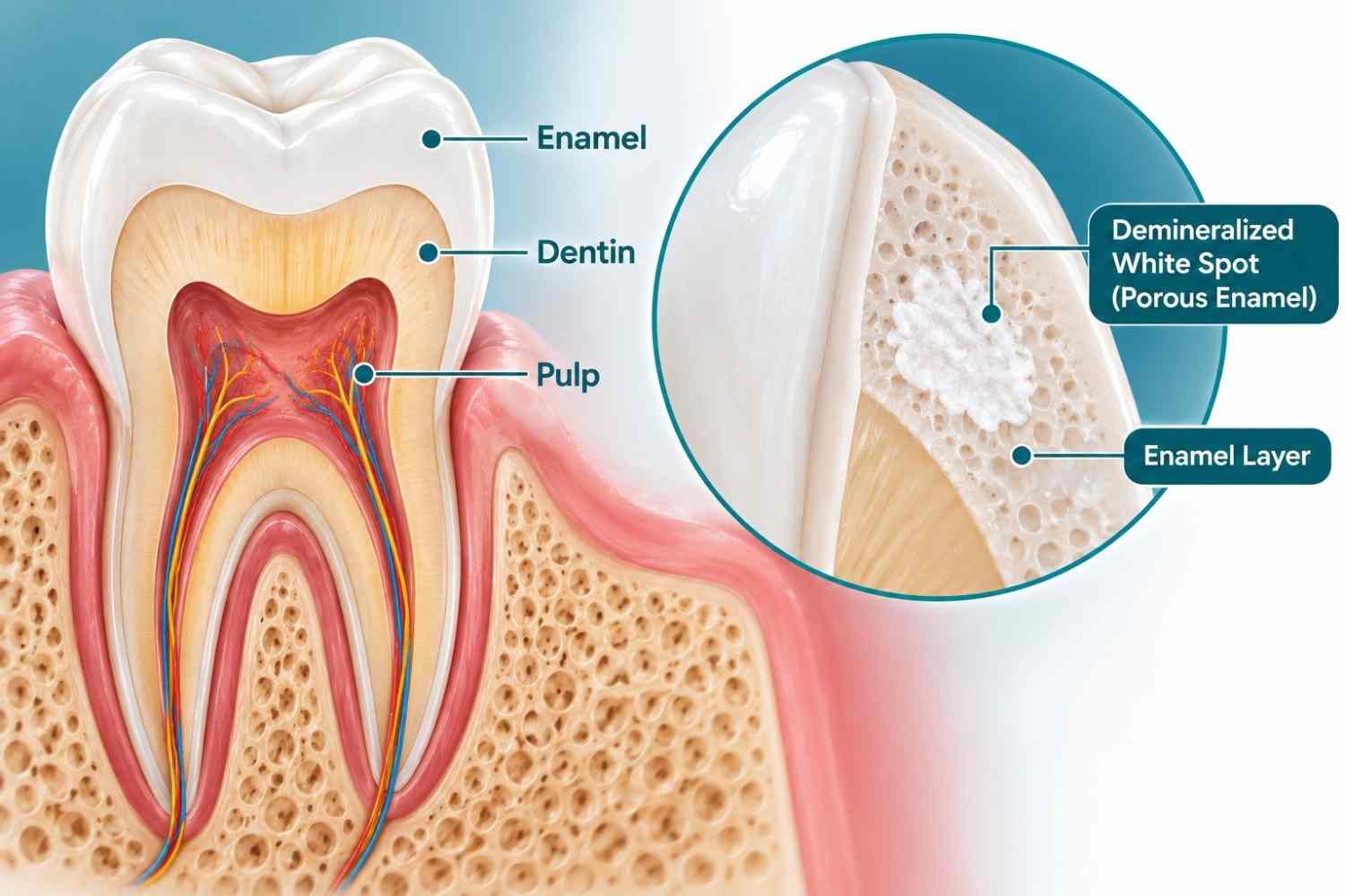 Diagram of a tooth enamel cross-section showing a demineralized white spot lesion