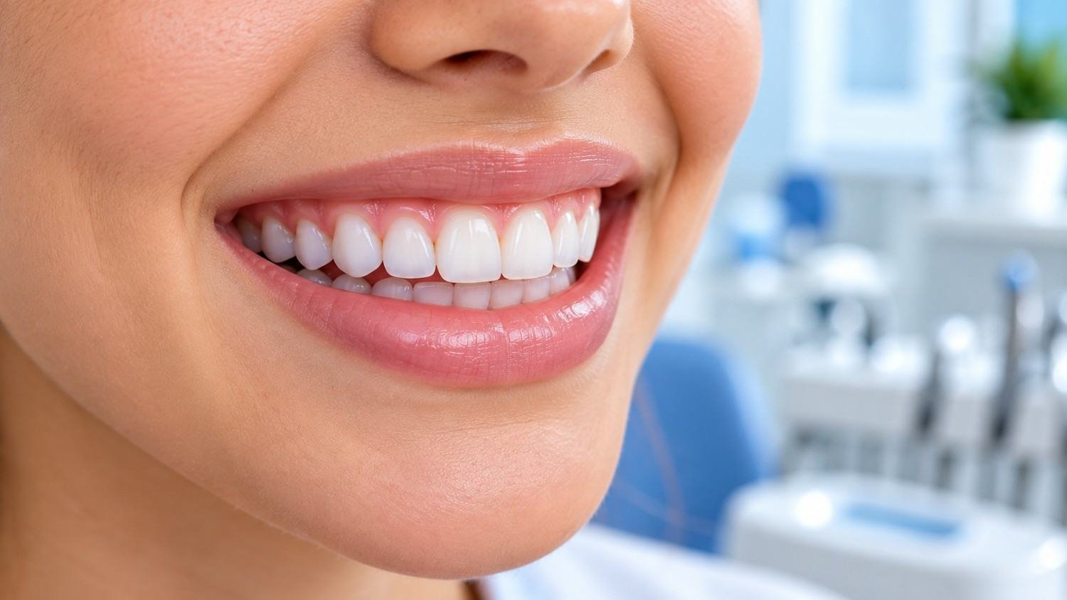 Healthy smile close-up in a dental clinic, illustrating the goal of treating cavities between teeth early