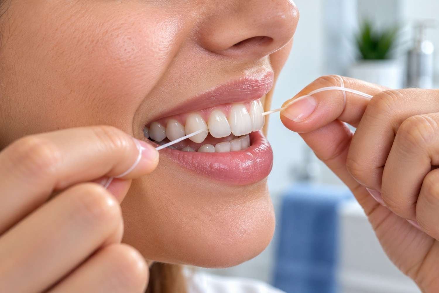 Proper flossing technique to prevent a cavity between teeth