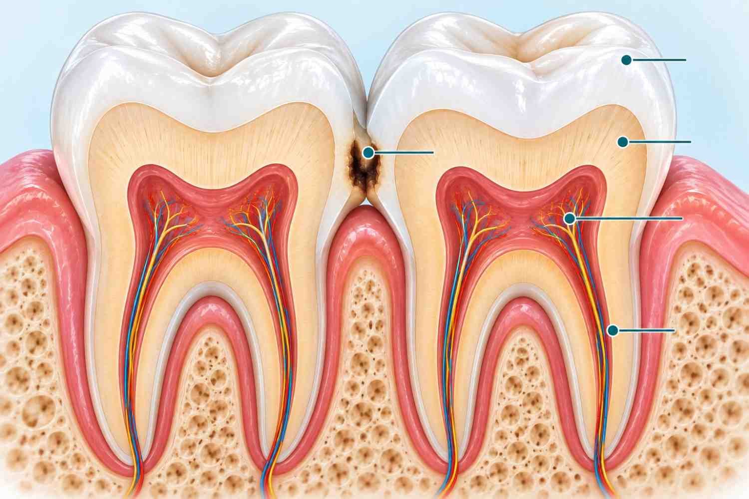 Diagram showing tooth decay and a cavity between adjacent teeth at the contact point