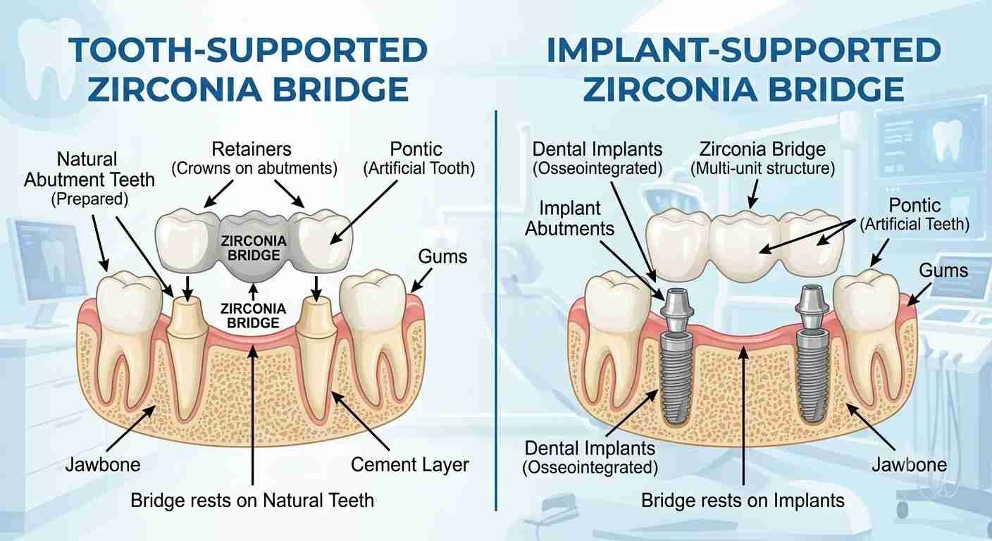 Diagram showing tooth-supported vs implant-supported zirconia bridge structure