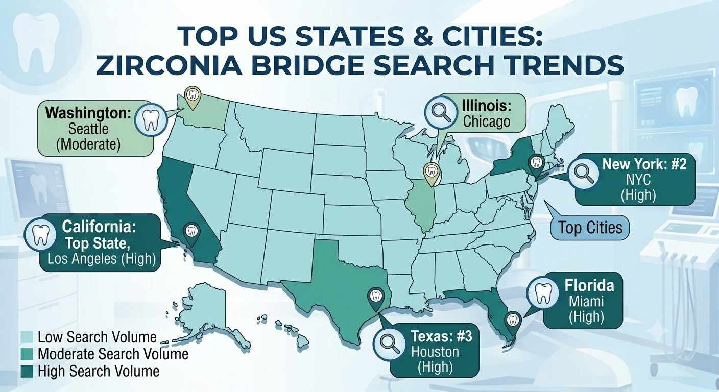 Map of the United States showing top states searching for zirconia bridge treatment