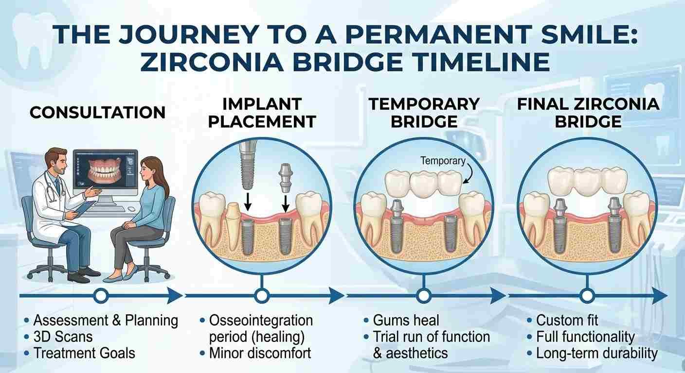Infographic showing the zirconia bridge procedure steps from consultation to final fitting
