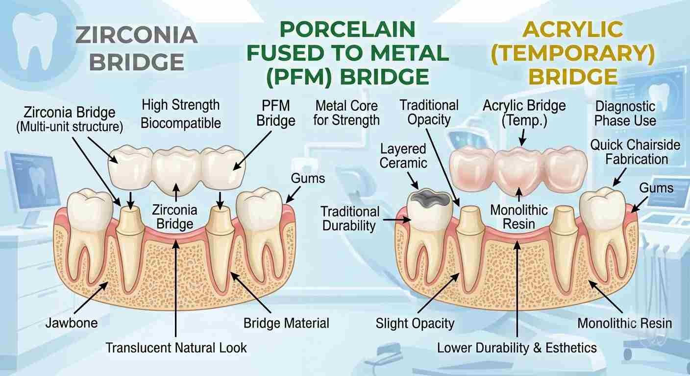 Visual comparison of zirconia, porcelain, and acrylic dental bridge materials